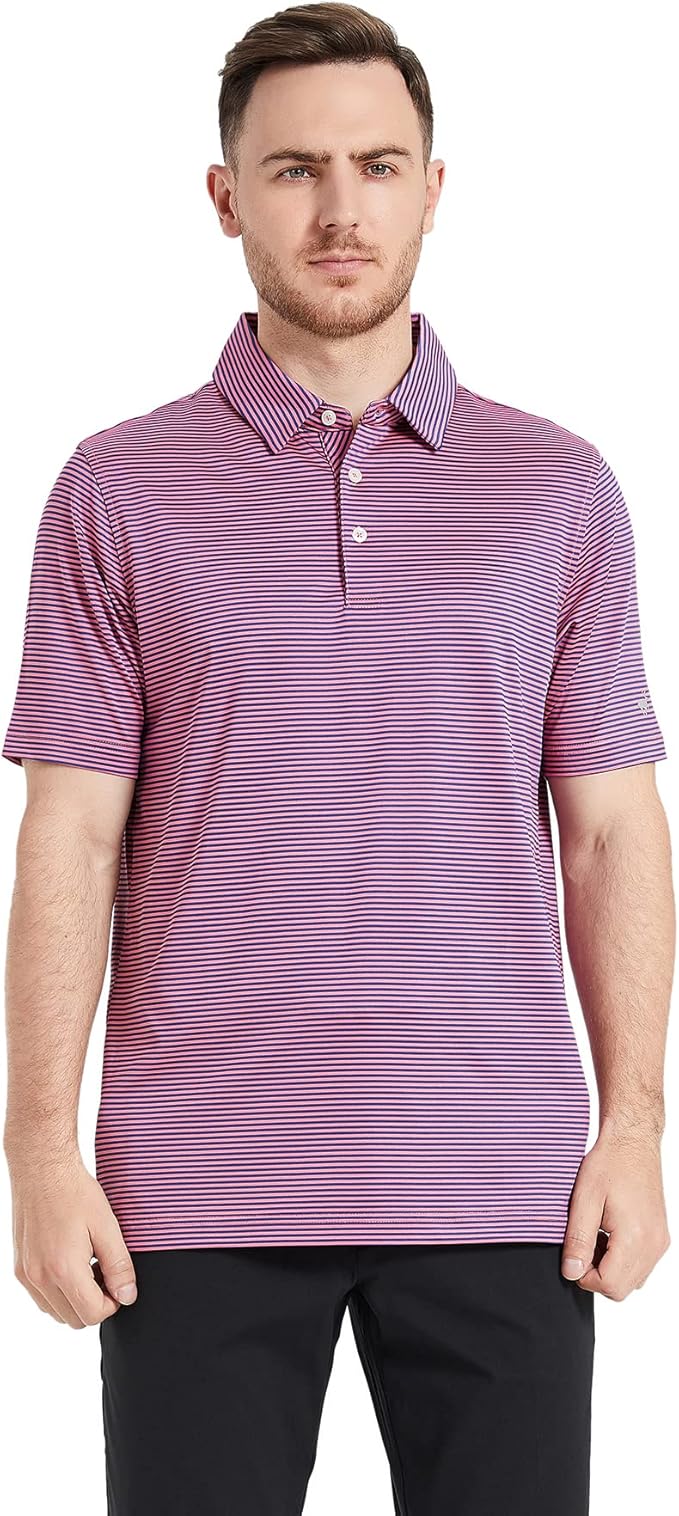 Men's Golf Polo Shirts Short Sleeve Striped Performance Moisture Wicking Dry Fit Golf Shirts for Men