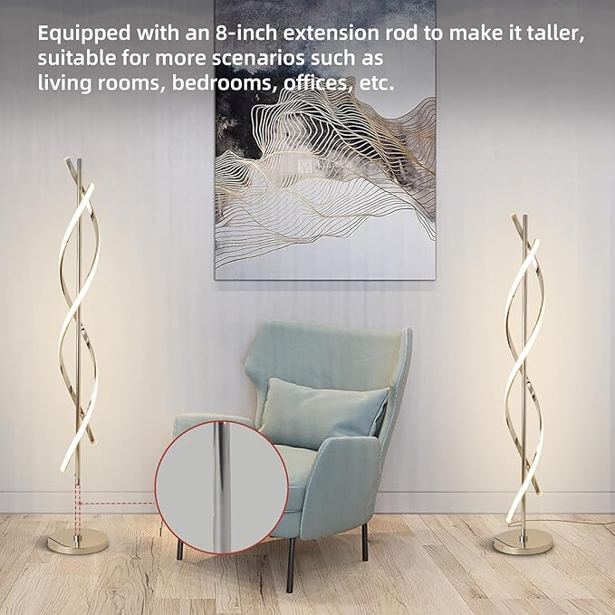 LED Modern Floor Lamp for Living Room, 40W 3 Colors Stepless Dimmable and Color-Changing Bright Floor Standing Lamp,60" Unique Spiral Floor Tall Lamp for Bedroom Office with Remote,Chrome