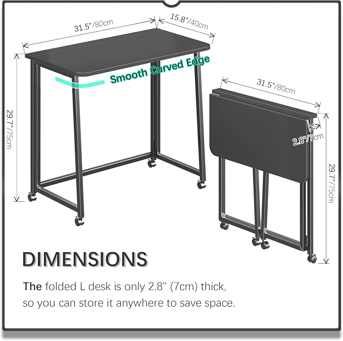 4NM 31.5" Mobile Small Folding Desk, Foldable Rolling Computer Home Office Desk, Study Writing Table for Small Space Saving Bedroom, with Wheels - All Black