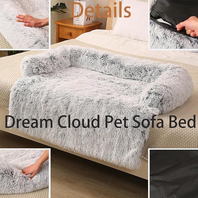 Dream Cloud Pet Sofa Bed for Dogs Cats, 2026 Washable Removable Calming Fluffy Plush Mat for Furniture Protector, Long Fur Non-Slip, for Small/Medium/Large Home Pets (Light Grey, S：27.6 * 24in)