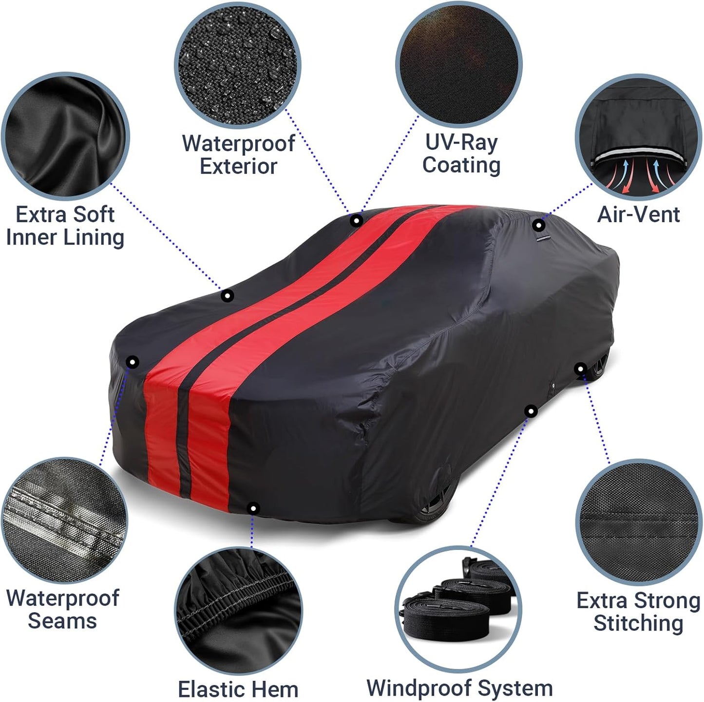 iCarCover Custom Car Cover for Chevy Corvair 2-Door, 4-Door (1960-1969) Waterproof All Weather Rain Snow UV Sun Protector Full Exterior Indoor Outdoor Car Cover (Stripe - Black/Red)