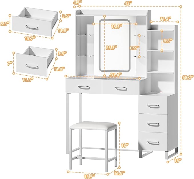 Vanity Desk with Mirror and LED Lights, 43" Makeup Vanity with Glass Top & Wireless Charging, Vanity with RGB Drawers, 3 Colors Light, Power Outlet Safety Switch for Bedroom, White