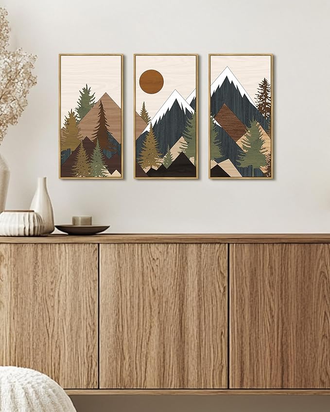 KUVIOKE Wooden Mountains Range Landscape Wall Art Framed Tree Nature Wall Decor Farmhouse Rustic Prints Kitchen Living Room Ready to Hang 8x16in3pcs Natural Framed
