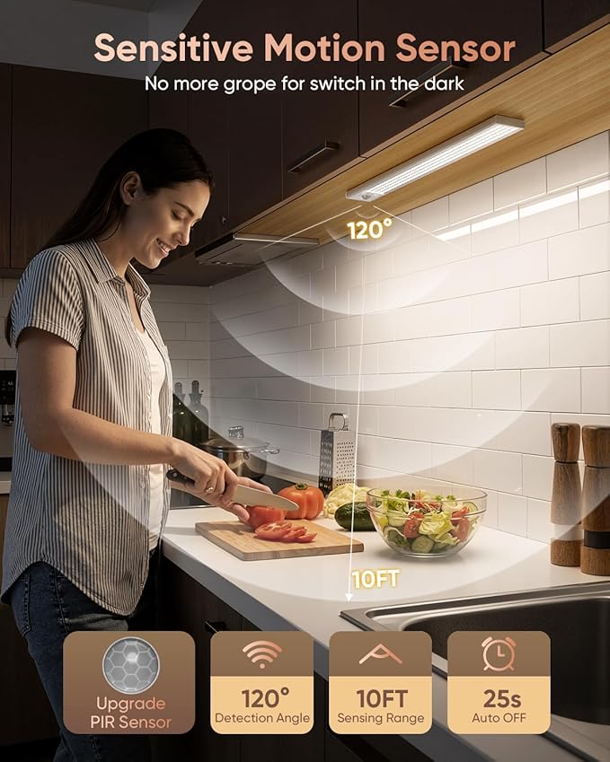 12inch Under Cabinet Lighting Wireless, 152LED Motion Sensor Light Indoor, Rechargeable Closet Lights, 3 Color Temps & Dimmable, Stick On Under Counter Lights for Kitchen, Pantry, 1 Pack