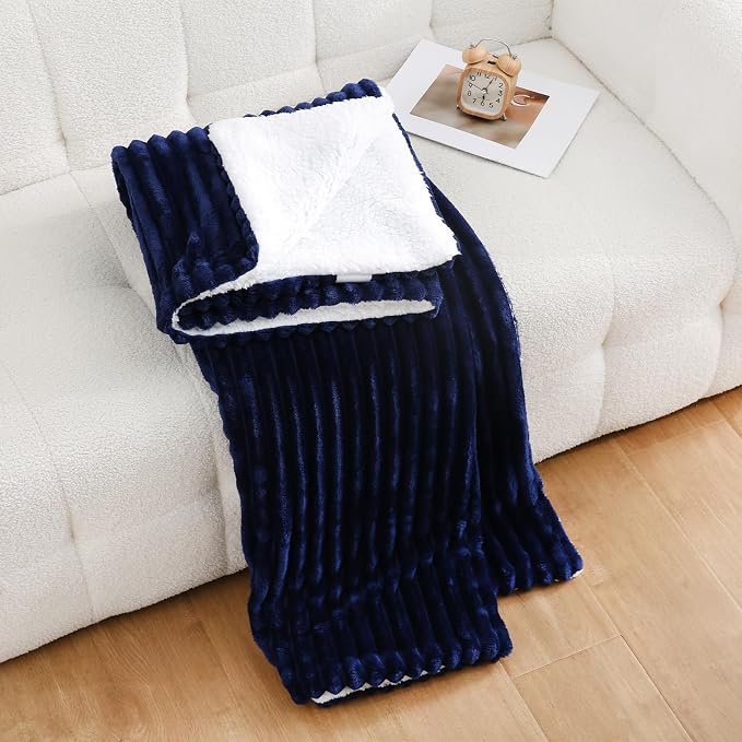 Navy Blue Sherpa Fleece Throw Blanket 50”×60” for Couch Sofa Bed | Double Side Soft Fuzzy Cozy Plush Thick Flannel Blanket with Striped Design Gift for Adults,Woman