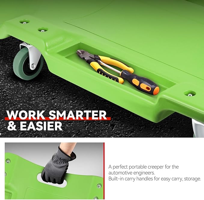 Auto Dynasty 40 Inches Mechanic Creeper, Automotive Garage Repair Low Profile Under Car Rolling Creeper with Padded Headrest, Plastic, Green