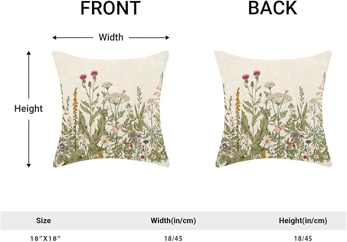 AEIOAE Sage Green Pillow Covers 18x18 Inch Set of 2, Spring Wildflower Plant Throw Pillows Case,Seasonal Floral Outdoor Decorative Flowers Farmhouse Decor Cushion Covers for Home Sofa Bed Couch