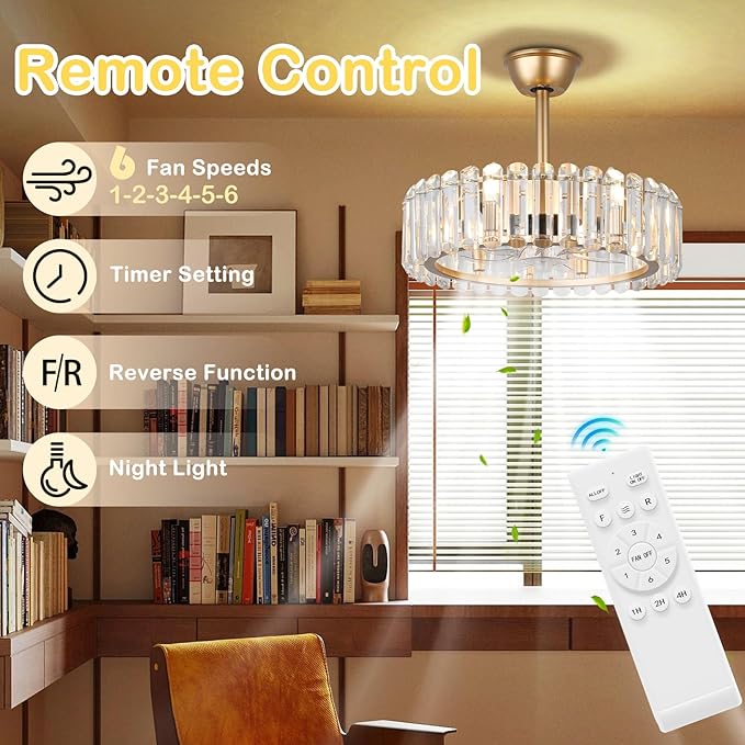 Finktonglan 20" Crystal Fandelier Ceiling Fan with Light, Gold Enclosed Flush Mount Caged Fan, Remote Control Reversible DC Motor, 6×E12 Sockets, Timer for Dining Room Living Room Kitchen Bedroom