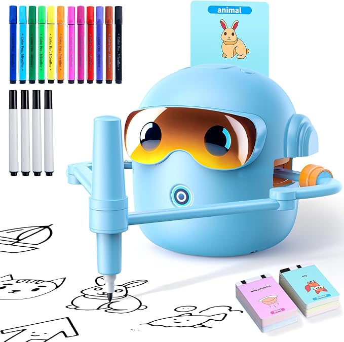 Drawing Robot for Kids Montessori Painting Toys for 3 4 5 6 7 8 Year Old, Voice Interactive Educational Drawing Machine with 100 Cards,16 Colorful Pens & Music-Gift for Boys Girls