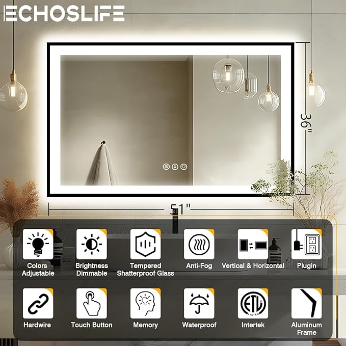 51x36 Lighted Mirrors for Bathroom Wall -Black Aluminum Framed (Front and Backlit), Anti-Fog LED Vanity Mirror, Shatter-Proof Lighted Mirror, 3 Colors Memory Mirror (Horizontal/Vertical)