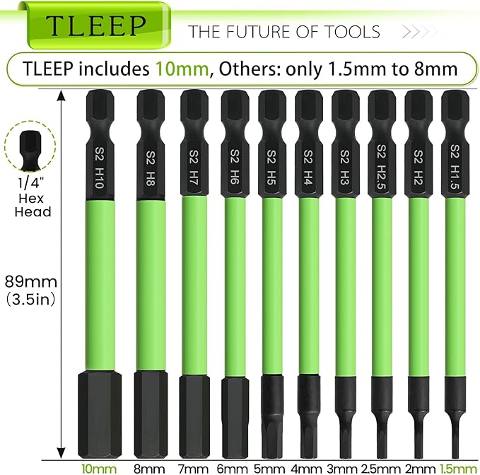 3.5" Long 1/4" Hex Head Allen Wrench Drill Bits, Metric 1.5MM to 10MM Impact Driver Bit Set, Magnetic Tips Magnetic Screwdriver Bits Hex Drill Bit Set, S2 Steel, New Version, 10Pcs, Storage Box