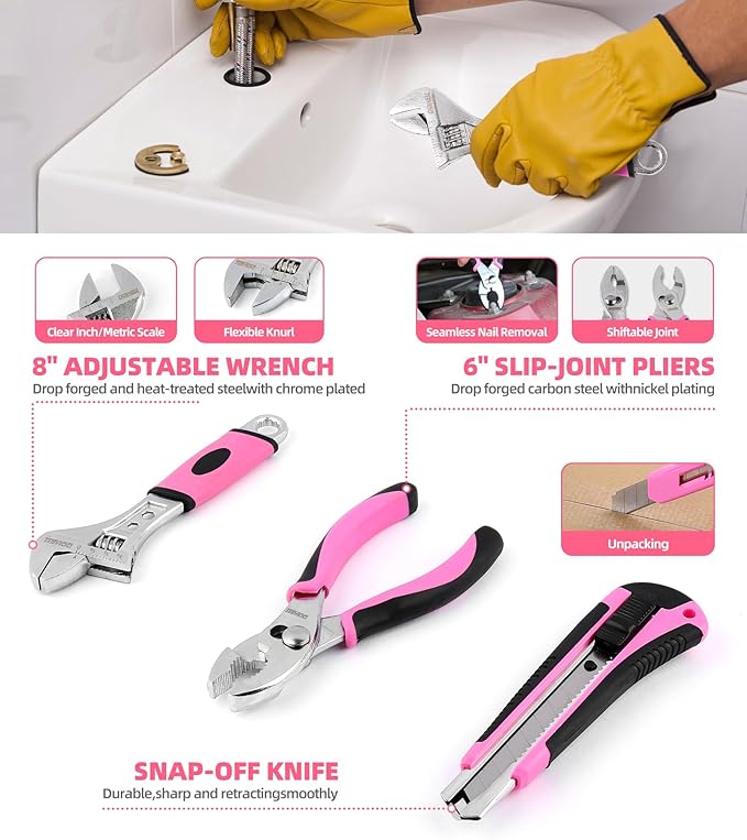 DOWELL 123-Piece Pink Home Repair Tool Kit for Women & Girls - All-in-One DIY Toolkit with Ergonomic Handles, Durable Toolbox, Non-Slip Grips | Perfect Gift for Wives, Moms, Crafters