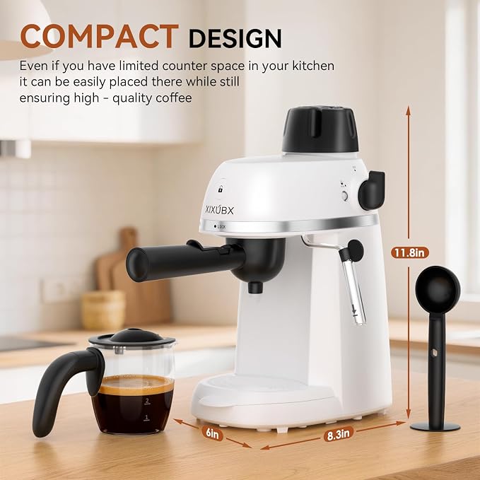 XIXUBX Compact Espresso & Cappuccino Machine, 3.5 Bar with Steam Wand | 800W Fast Heating, Safety Lock & Tritan Cup, One-Touch 4-Cup Brewing & Powerful Steam for Latte, White for Home & Office