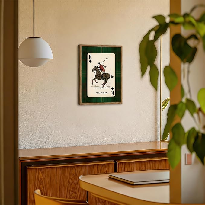 Vintage Equestrian Wall Art, King of Polo Wall Decor Painting Rustic Race Horse Sports Poster Canvas Prints Picture for Game Room Living Room Bedroom 12x16 inch Wood Framed