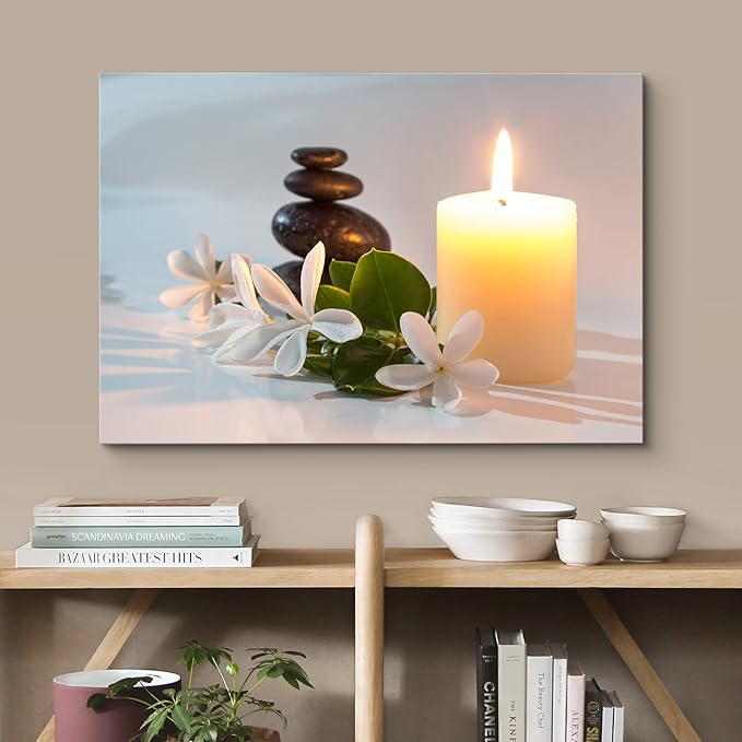 wall26 Canvas Print Wall Art Tropical White Flowers Massage Stone Spa Candles Yoga Nature Photography Realism Rustic Scenic Landscape Colorful for Living Room, Bedroom, Office - 12"x18"
