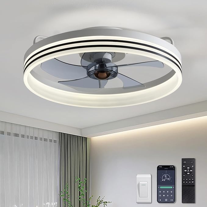 Ceiling Fans with Lights, Flush Mount Ceiling Fan with Lights and Remote, 6 Wind Speeds Smart Low Profile Ceiling Fan for Bedroom, Dining Room and Kitchen 20" (White)
