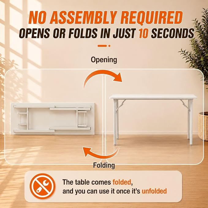 Folding Table Computer Desk - 55.1" No Assembly Folding Desk Design and Foldable Office Desk, Small Desk for Bedroom, Compact Storage Portable Use for Dorm and RV Small Space, White Ash