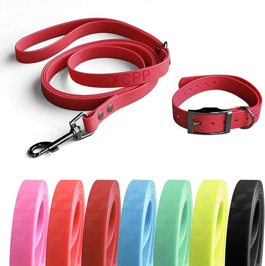 4.2FT Dog Collar and Leash Set, PVC Waterproof Adjustable Odor Proof Pet Collars Leashes, Easy to Clean, Surface 3D Cube Effect, Dog Leash for Small Dogs, Dark Red