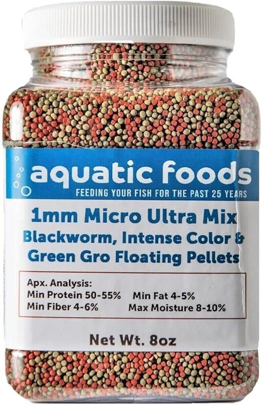 Aquatic Foods Inc. 1mm Ultra Mix of Blackworm, Intense Red, Green GRO Floating Pellets for Discus, Cichlids, All Tropicals, Koi and Pond Fish…8oz Small Jar