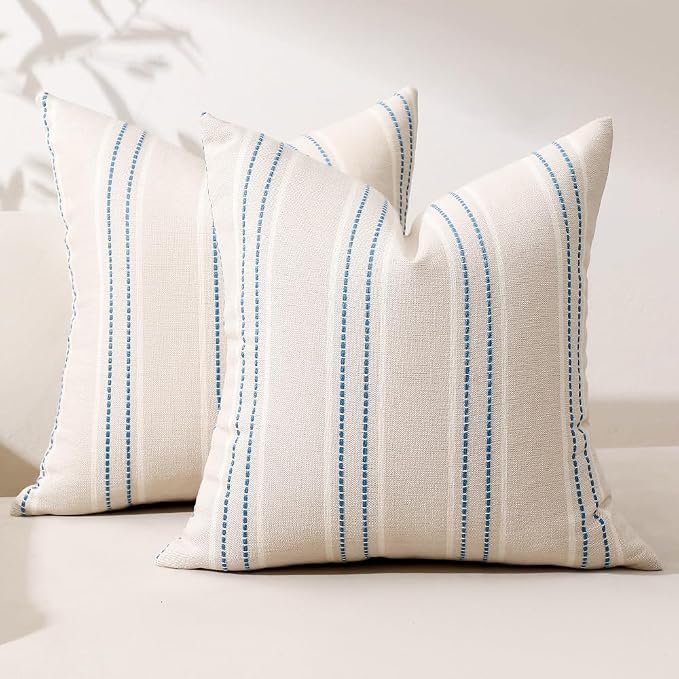 Hckot Striped Throw Pillow Covers 24x24 Set of 2 Lake Blue Pillow Covers | Farmhouse Decorative Pillows Textured Linen Square Cushion Covers for Sofa Couch Bed Living Room Decor(Lake Blue)