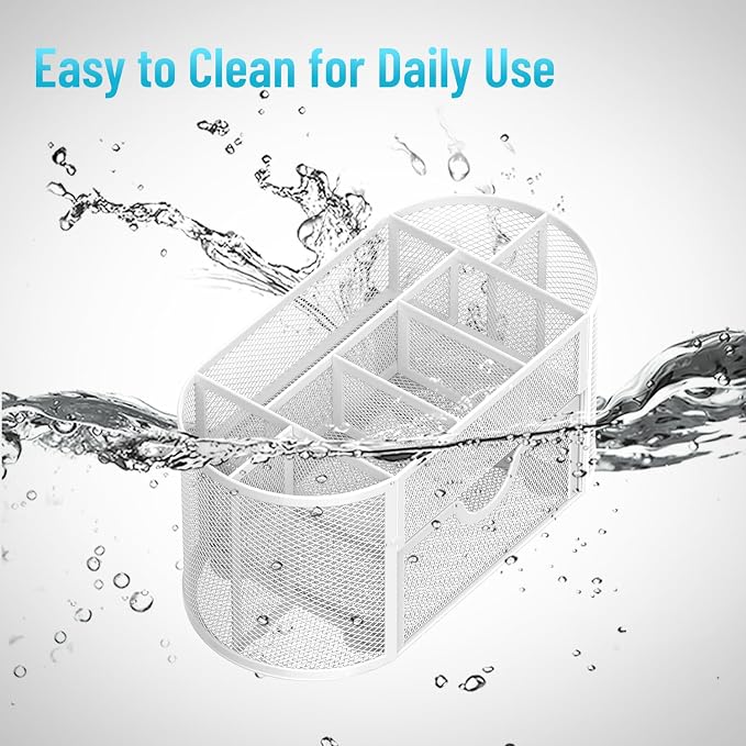 Mesh Desk Organizer with Drawer, 9-Compartment Pen Holder for Desk, White | Pull-Out Drawer Stores Pens, Pencils, Clips, Notes, and Small Office or School Supplies in One Compact Desk Caddy