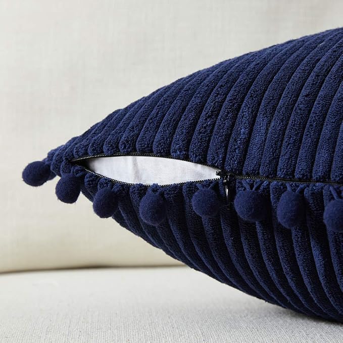 Fancy Homi 2 Pack Navy Blue Lumbar Decorative Throw Pillow Covers 12x24 Inch with Pom-poms for Couch Bedroom Sofa, Farmhouse Boho Home Decor, Soft Corduroy Solid Rectangle Cushion Case 30x60 cm
