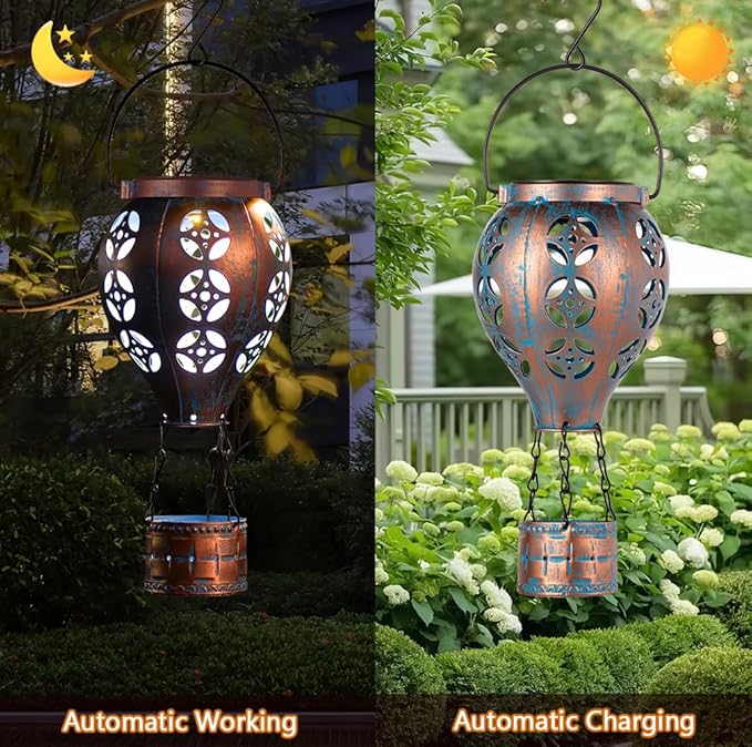 Hot Air Balloon Solar Lantern for Garden Decor,2 Pack Matal Hanging Lantern,Outdoor Metal LED Solar Lights for Yard Patriotic Trees Decor
