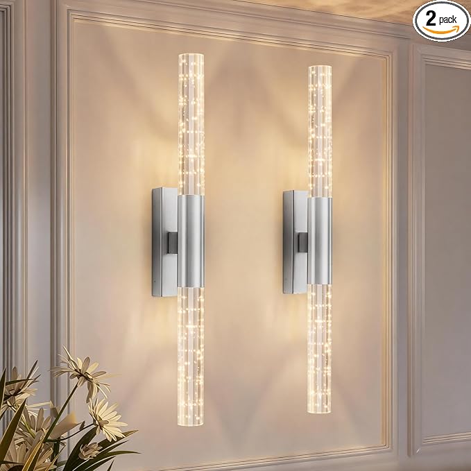 camuucci Battery Operated Wall Sconces Set of 2, Rechargeable Wall Lights | 12000mAh Long-Lasting Battery,Dimmable Cordless Sconce,No Wiring Needed for Bedroom,Living Room,Silver,25.6-Inch