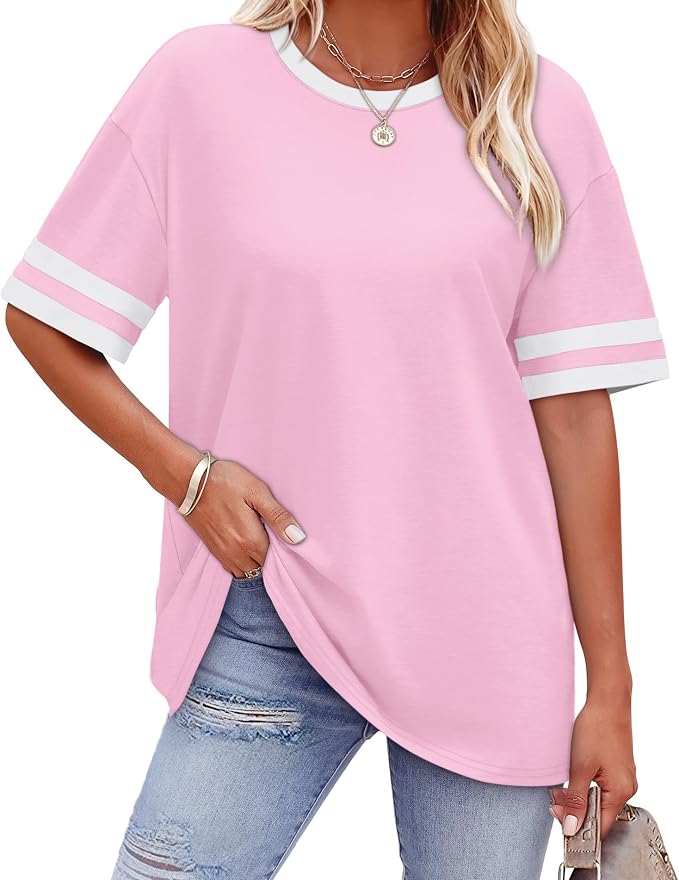 WIHOLL Womens T Shirts Loose Fit Short Sleeve Tees Crew Neck Color Block Summer Tops 2026 Fashion