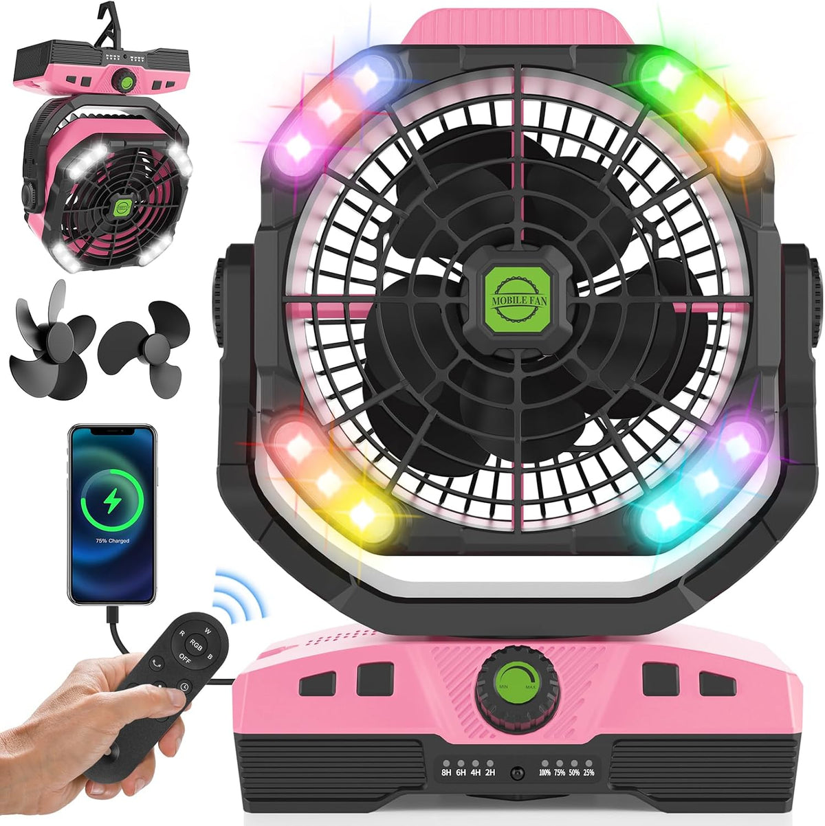 RUNTOP Oscillation Camping Fan with LED Lantern, 20000mAh Rechargeable Battery Operated Outdoor Tent Fan w/Hanging Hook, Remote Control, 4 Speeds, Personal USB Desk Fan for Camping, Jobsite (Pink)