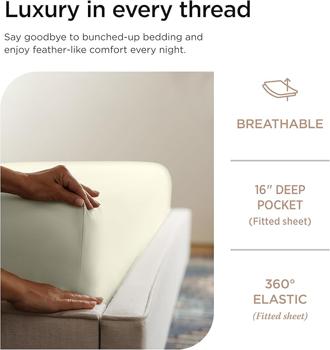 Threadmill Luxury 800 Thread Count 100% Cotton Sheets - Sateen Weave Twin XL Bed-Sheets, Better Than Egyptian Cotton,3 Pc Solid Soft Bedding Set (Ivory), Fits 15" Deep Pocket