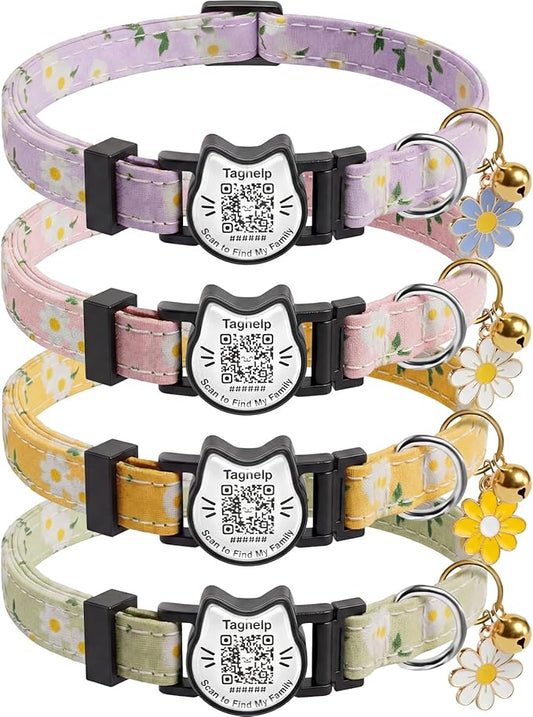 4 Pack-QR Code Cat Collar Breakaway Safe - Cotton Reflective Kitten Collar with Bell & Floral Pendant, Pink Purple Flowers Design, Customizable Online Pet ID for Lost Cats,Flower Pendan