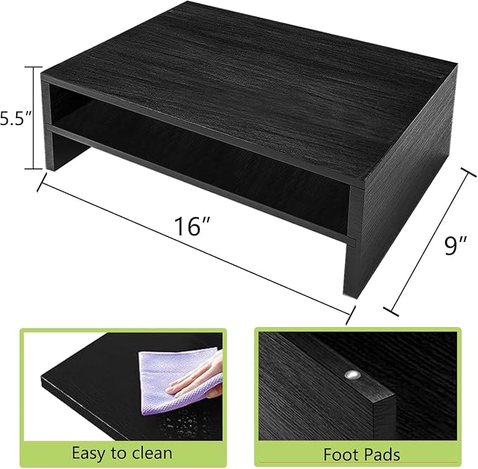 Simpple Trending Monitor Stand Riser, 2 Tier Wood Office Desk Storage Organizer for Laptop, Computer, Black