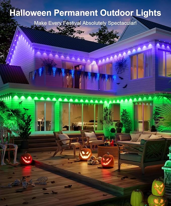 Fussion Permanent Outdoor Lights for House, 150ft RGB Halloween House Lights Outdoor with APP Remote Control, IP67 Waterproof Smart Eternity Eaves Lighting for Christmas, Holiday, Party, Daily