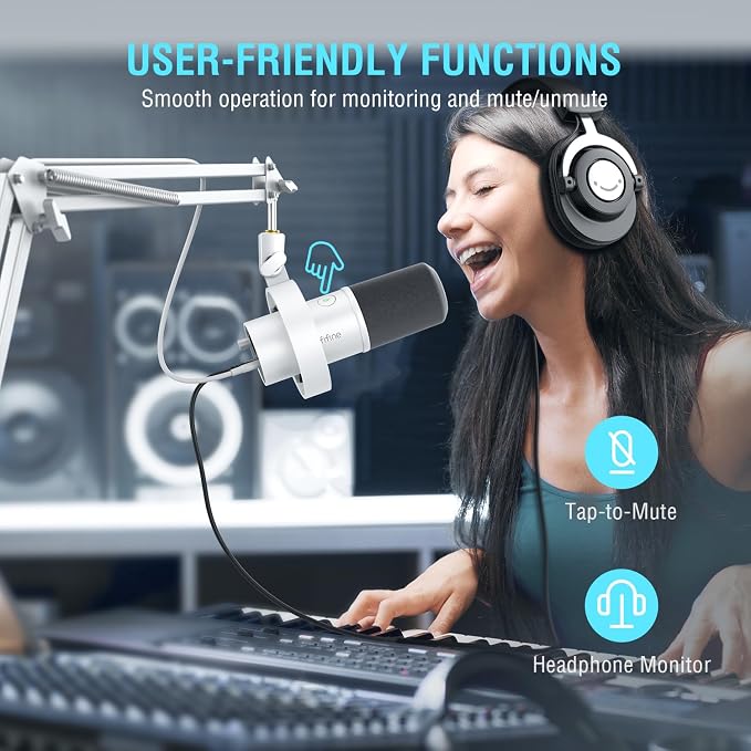 FIFINE AmpliTank K688CTW Dynamic Microphone with Boom Arm, XLR/USB Mic | Studio Vocal Podcast Mic Kit for PC, with Mute Button, Volume Knob, Headphone Jack, for Streaming Recording, White