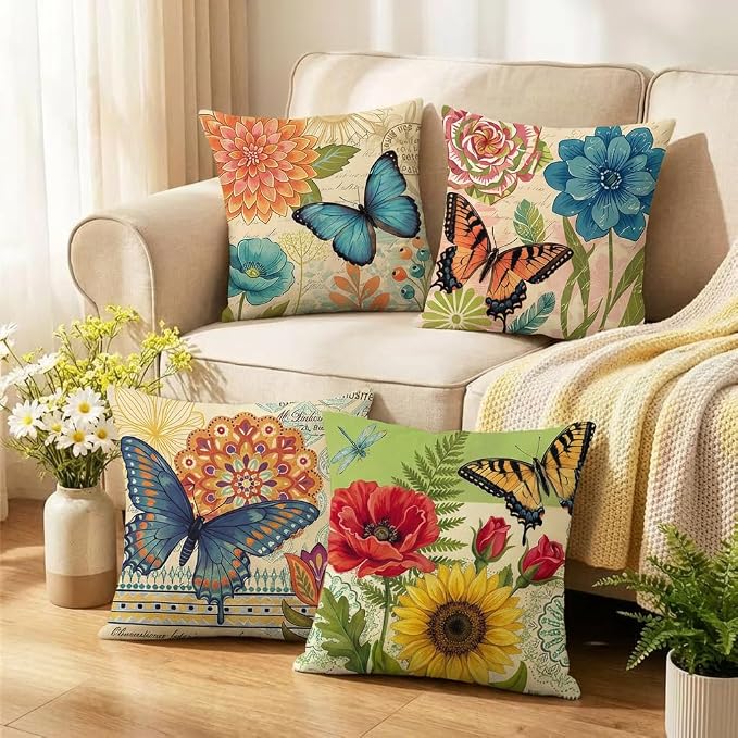 wyooxoo Spring Summer Pillow Covers 20x20 Set of 4 Farmhouse Throw Pillow Covers Linen Flower Butterfly Decorative Pillowcases for Sofa Couch Living Room Outdoor