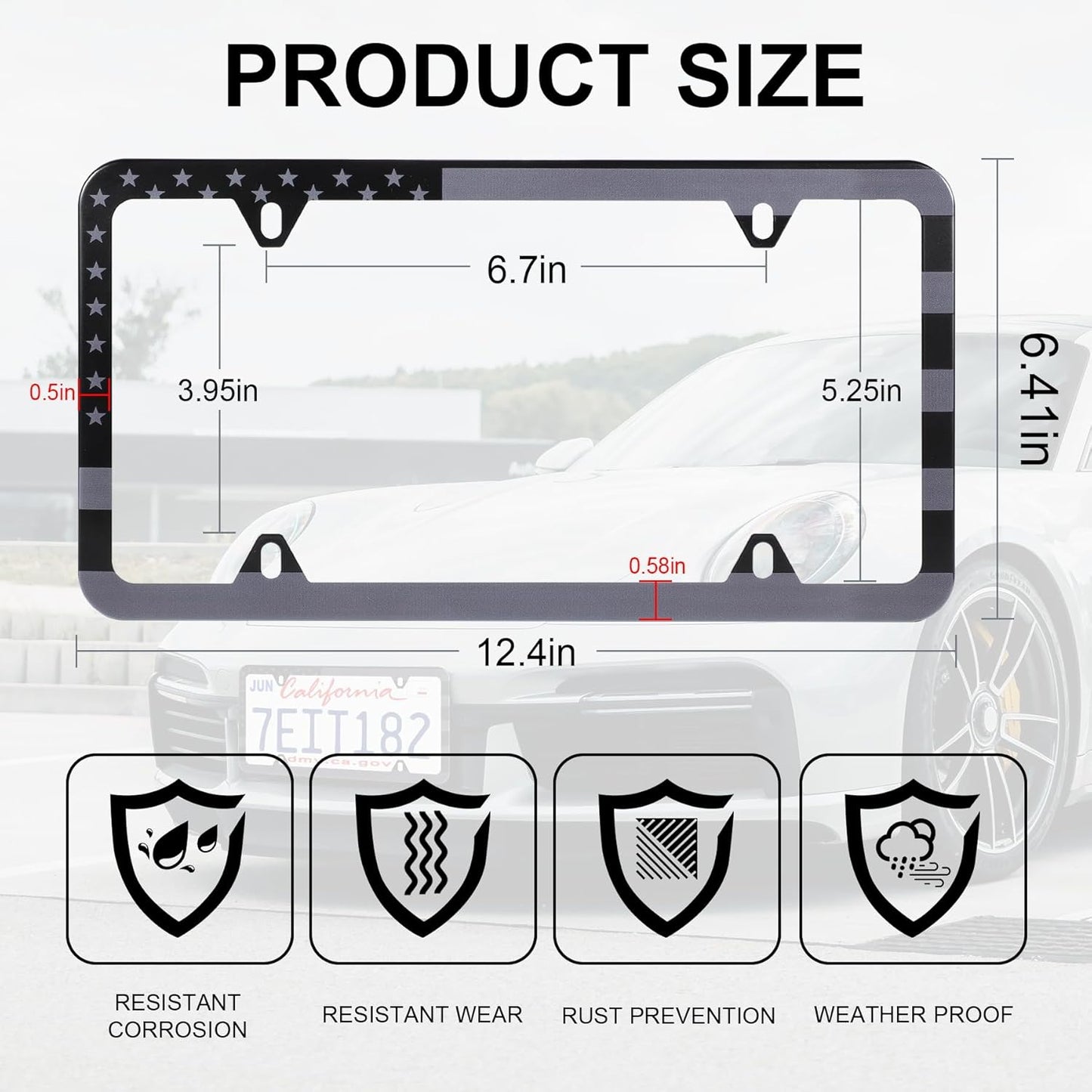 LivTee American Flag License Plate Frames, 4 Holes Stainless Steel License Plate Covers, 2PCS Car License Plate Holder, Automotive Exterior Accessories, Black-Gray