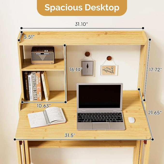 Folding Desk with Bookshelf, Compact Foldable Desk for Small Spaces,Natural | Bamboo Computer Desk with Storage Shelf, Space-Saving Home Office Desk with Hutch for Bedroom, Dorm, Apartment