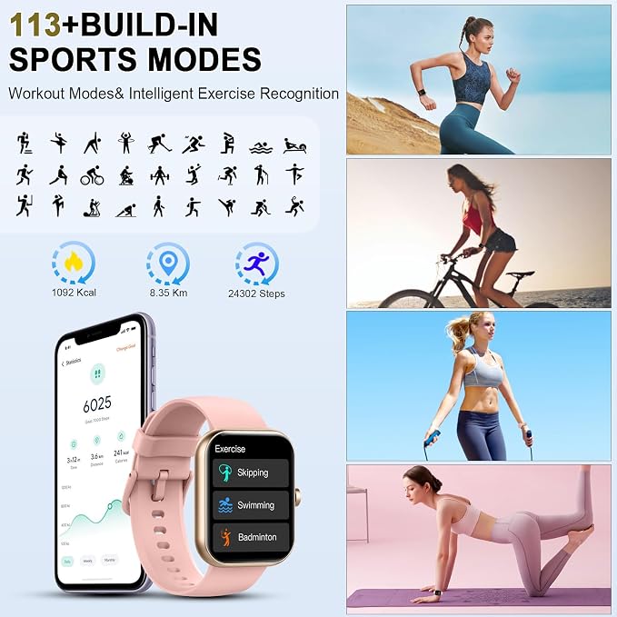 Smart Watch for Women (Answer/Make Call), 1.96"HD Smartwatch with Heart Rate/Sleep Monitor/Pedometer, 113+ Sports Modes, 2026 New Fitness Watch IP68 Waterproof, Activity Tracker for Android iOS-Pink