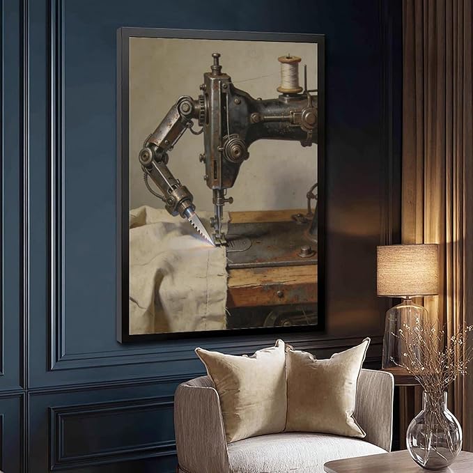 Framed Steampunk Mechanical Sewing Machine Wall Art - Retro Industrial Workshop Poster for Home Office Studio Decor 12x18in