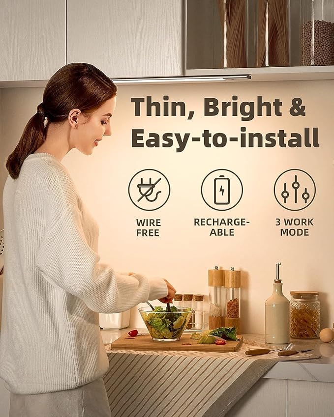 15" LED Cabinet Light with Motion & Light Sensor, Pack of 2 Rechargeable Under Cabinet Lighting, 3 Color Modes 3000K/4500K/6000K, 80 LEDs, 180LM, USB, 2200mAh Battery, Wireless Closet Light