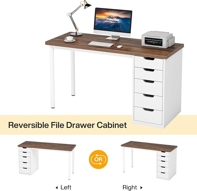 Tribesigns Computer Desk with 5 Drawers, 47 inches Rustic Brown Home Office Desk with Storage, Modern Simple Laptop Desk Study Writing Table for Small Spaces (1, Brown+White)