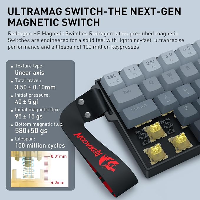 Redragon K617 HE Wired Hall-Effect Rapid Trigger Magnetic Gaming Keyboard | 8K Polling Adjustable Actuation, 61 Keys Design for More Room to Aim, Swap-Ready Socket for Mod, RGB Pro Software Supported
