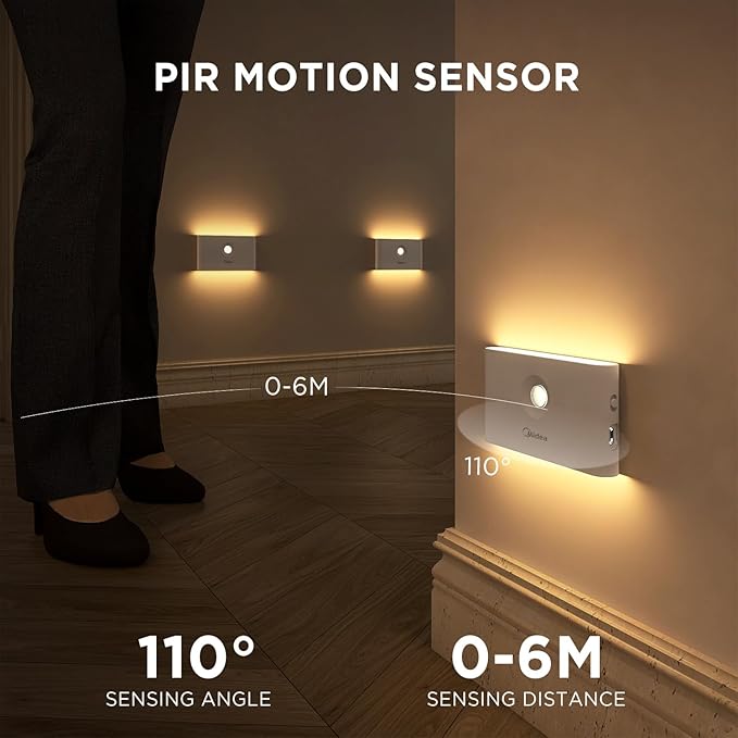 Midea 4 Pack Rechargeable Night Lights with Motion Sensor/Dusk to Dawn Sensor, Warm White Night Light Stair Lights for Indoor/Bedroom/Bathroom/Kitchen/Hallway,Cordless Design