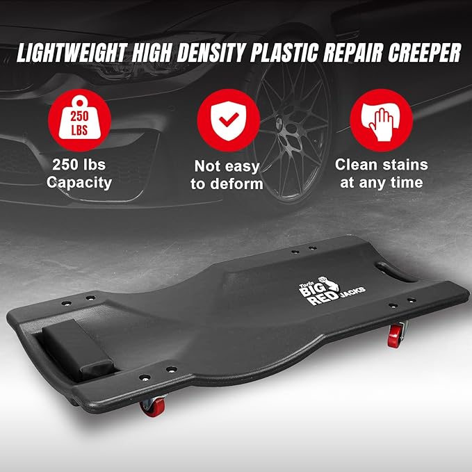 Big RED Torin 36" Rolling Garage Creeper, Shop Creeper Blow Molded Plastic Mechanic Cart with Padded Headrest with 4 Casters, 250 LBS, Black