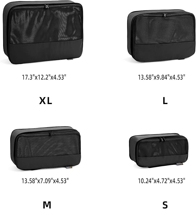 4 Piece Compression Packing Cubes for Suitcases and Backpack, Lightweight Travel Organizer Bags (Jet Black)