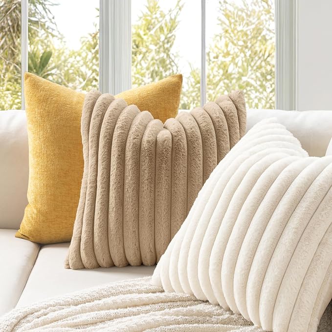 MIULEE Faux Fur Decorative Throw Pillow Covers 18x18 Set of 2 Beige | Cream White Modern Soft Plush Couch Pillows, Cozy Fluffy Cushion Covers for Sofa Bed Living Room Home Decor