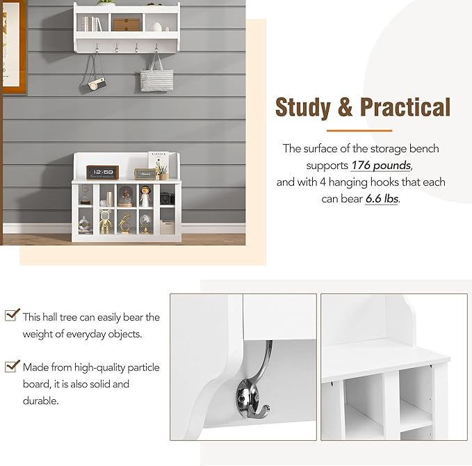 Hall Tree Entryway Coat Rack Shoe Storage Bench with Shelves and 4 Hooks, Modern Elegant Hall Tree with Wall Mounted Coat Rack, Entryway Organizer for Entryways, Mudroom (White)