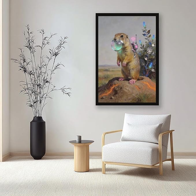 Framed Steampunk Mechanical Prairie Dog Wall Art - Retro-Futuristic Wilderness Poster for Living Room Game Room Decor 12x18in