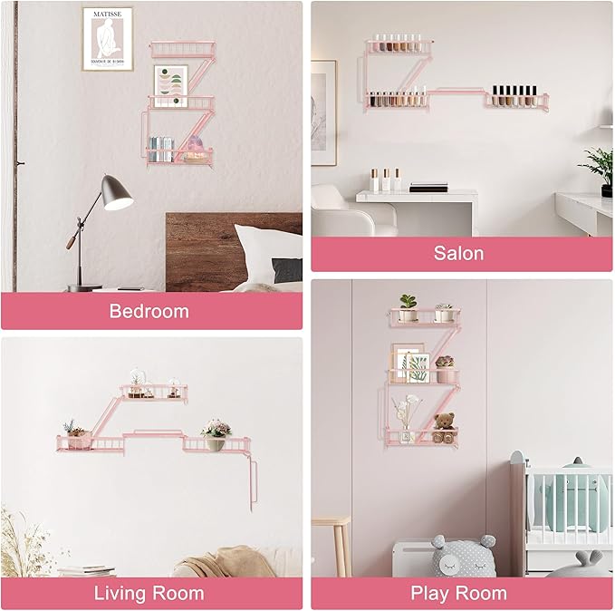 Fire Escape Shelf - Pink Wall Decor Floating Shelves, Cute Metal Ladder Shelving for Bedroom, Home Decor Display (3-Tier)